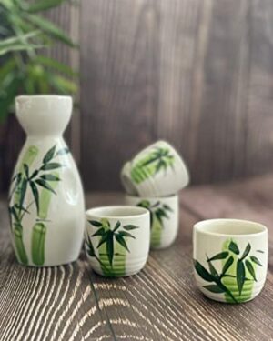 LS LUXURIOUS Green Grass Japanese Porcelain Sake Set with 4 Cups 1 Decanter / Bottle / Carafe Material: Porcelain Colour: Black & Grey Size: Cup is 2"x 1 3/4" , Bottle is 5"x2" Packing of: "5Pcs