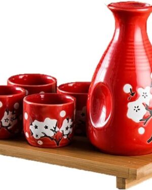 LS LUXURIOUS Red & White floral Japanese Porcelain Sake Set with 4 Cups 1 Decanter / Bottle / Carafe Material: Porcelain Colour: Red & White Size: Cup is 2"x 1 3/4" , Bottle is 5"x2" Packing of: "5Pcs