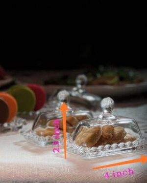 Small Butter dish Material: Glass Size: Length-4 inch Breadth-2.5inch Height-2.5inch Colour: Clear Pack of : 1Pc