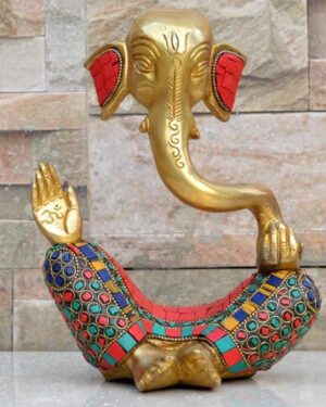 Modern Lord Ganesh Idol real Brass Statue with Stonework 6 Inch