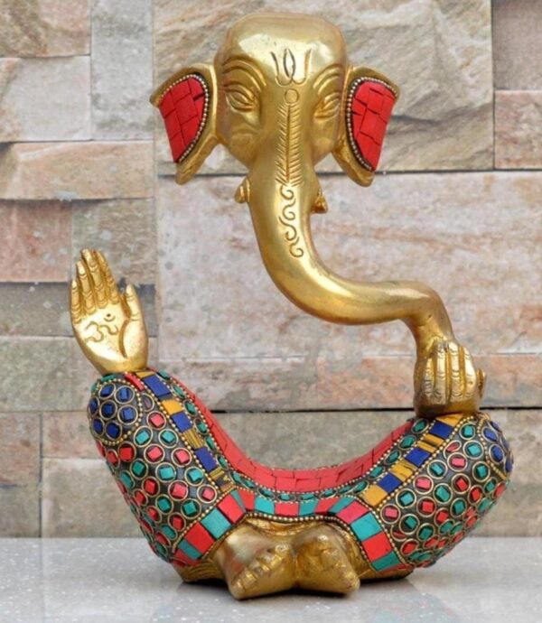 Modern Lord Ganesh Idol real Brass Statue with Stonework 6 Inch