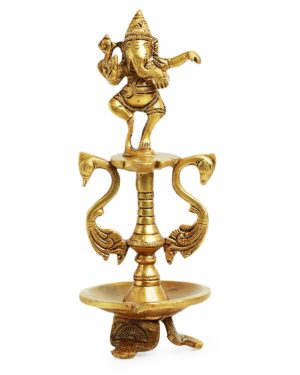 LS Luxurious Hand-Etched Brass Gallant Ganesh Idol for Pooja Room Temple Ganpati Murti Showpiece Oil Diya Lamp for Home Decor (Pure Brass, 8.5 Inch, 0.8 Kg)