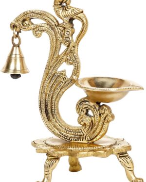 LS LUXURIOUS Brass Decorative Peacock Design Diya with Bells (Gold_8 Inch X 4.5 Inch)