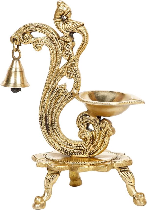 LS LUXURIOUS Brass Decorative Peacock Design Diya with Bells (Gold_8 Inch X 4.5 Inch)